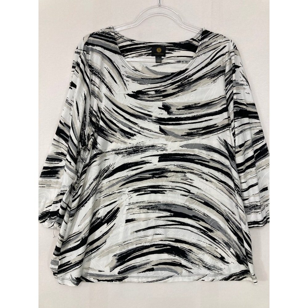 JM Collection Top XL White Black Abstract Brushstroke 3/4 Sleeve Stretch Knit